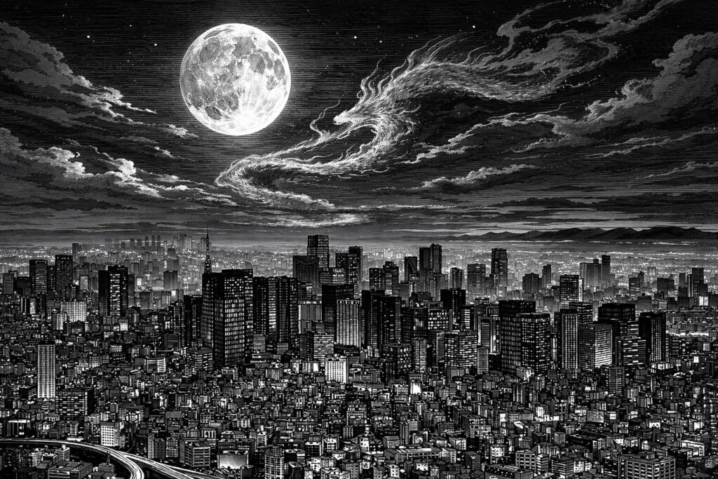 A black and white illustration of Tokyo at night under a massive full moon, with dragon-shaped clouds swirling in the sky — KINDOUX Japanese mindset apparel